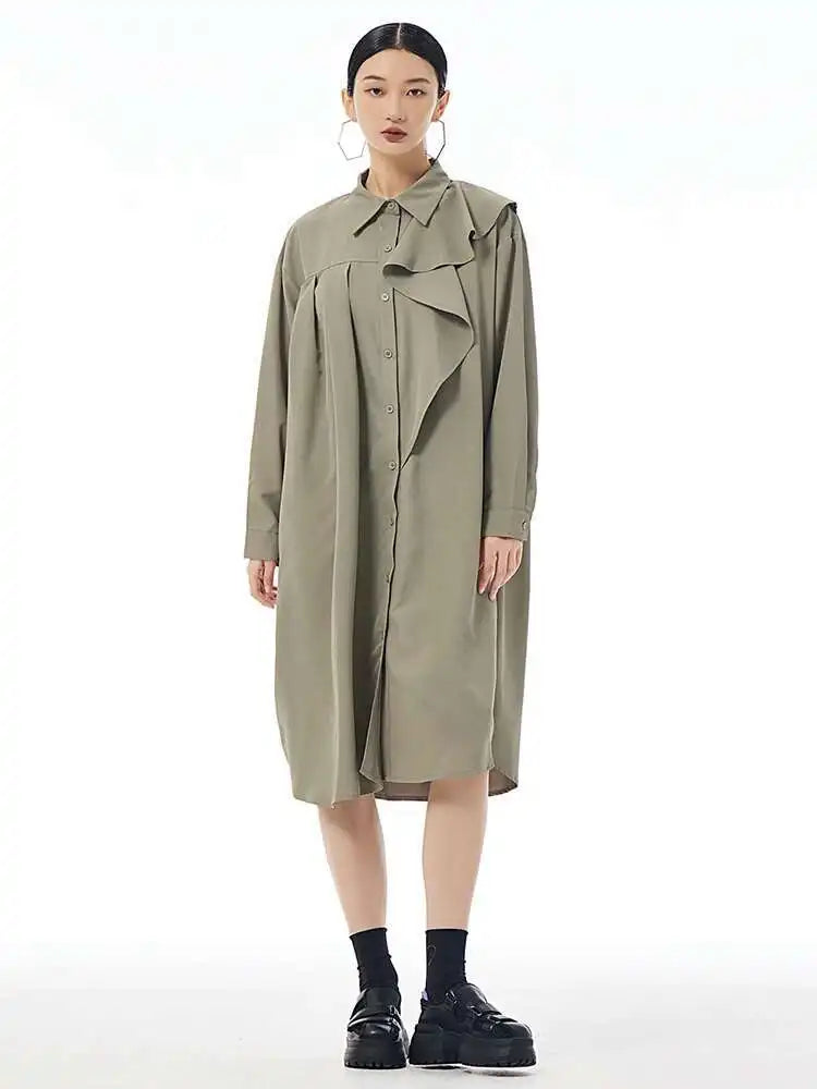 Women Gray Ruffles Pleated Midi Elegant Big Size Shirt Dress New Lapel Long Sleeve Fashion Tide Spring Autumn 2025 1DH7415