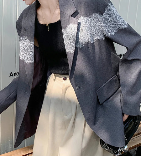 Women Gray Lace Spliced Big Size Elegant Blazer New Lapel Long Sleeve Jacket Fashion Tide Spring Autumn 2025 1DH9712