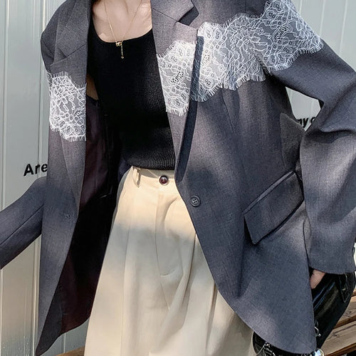 Load image into Gallery viewer, Women Gray Lace Spliced Big Size Elegant Blazer New Lapel Long Sleeve Jacket Fashion Tide Spring Autumn 2025 1DH9712
