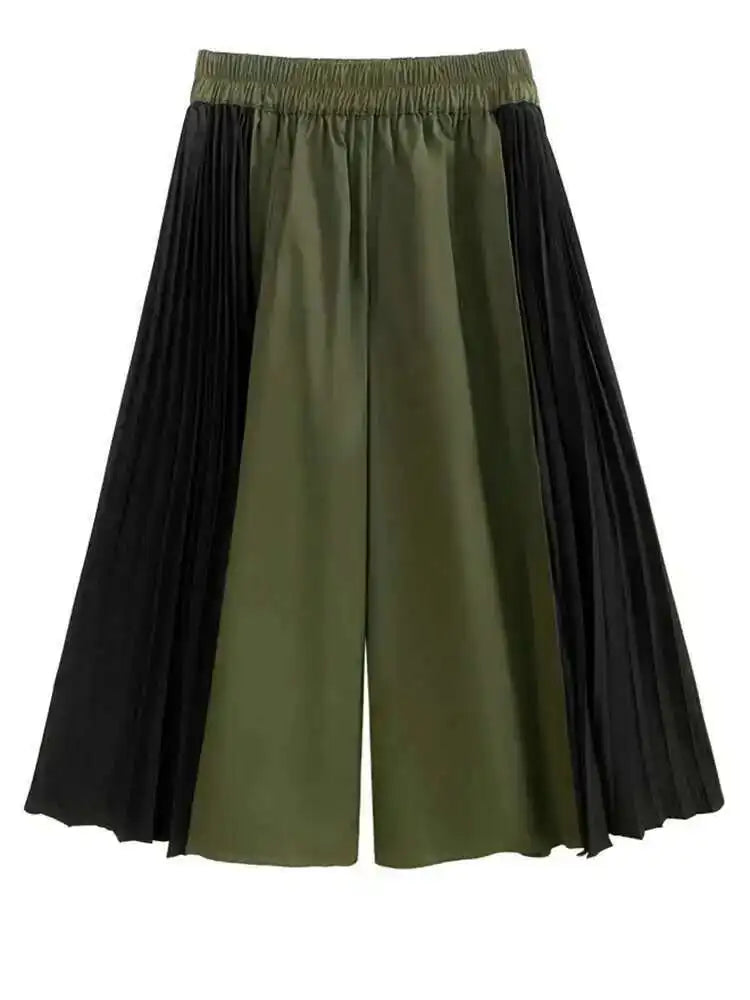 High Elastic Waist Army Green Color-block Pleated Wide Leg Pants New Trousers Women Fashion Spring Autumn 2025 1DH5281