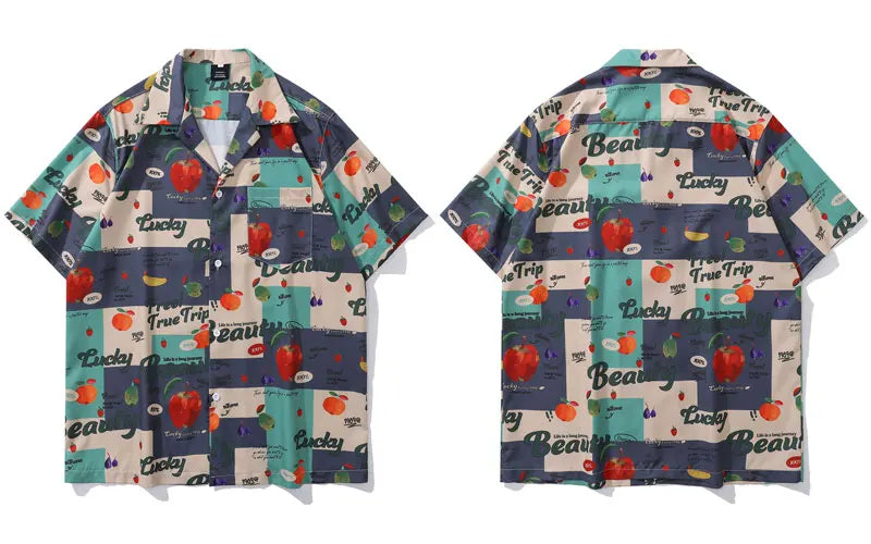 Vintage Summer Shirts Streetwear Retro Fruit Graphic Printed Summer Hawaiian Blouse Harajuku Baggy Short Sleeve Button Up Tops