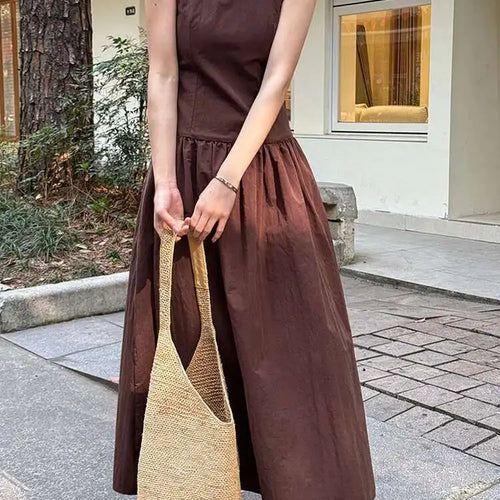 Load image into Gallery viewer, Women Coffee Color-block Elegant Long Vest Dress New Round Neck Sleeveless Fashion Tide Spring Summer 2025 1DJ0743
