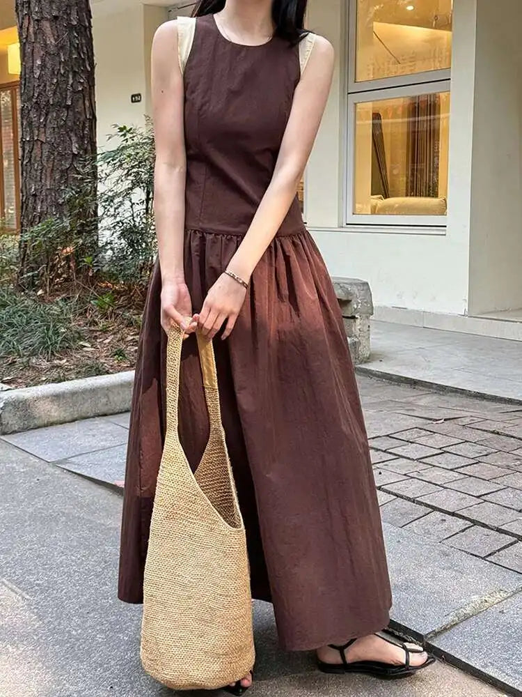 Women Coffee Color-block Elegant Long Vest Dress New Round Neck Sleeveless Fashion Tide Spring Summer 2025 1DJ0743