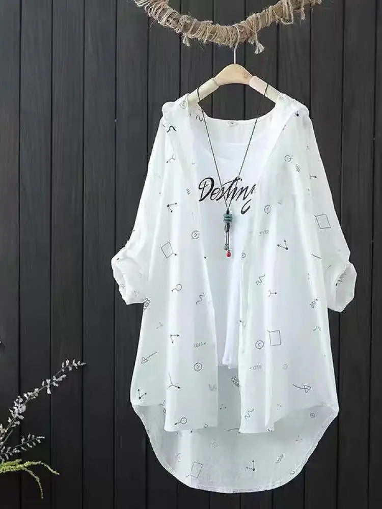 Women's Shirts Hooded Sunscreen Long Sleeved Shirt Female Top Summer New Coat Medium Long Jacket Thin Printed Blouse