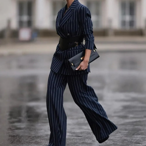 Load image into Gallery viewer, Suit Striped Pants for Women Work Casual Fall Spring Business Office Loose Female Long Blue Trousers
