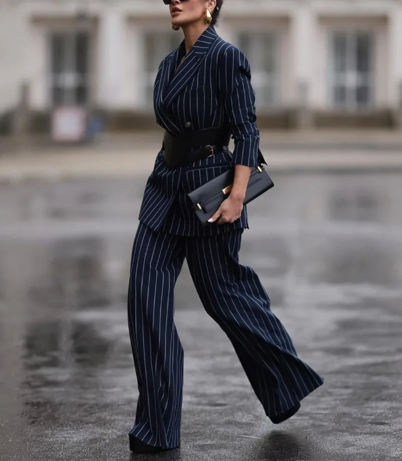 Suit Striped Pants for Women Work Casual Fall Spring Business Office Loose Female Long Blue Trousers