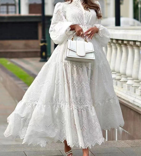 Vintage Patchwork Hollow Out Dress For Women Stand Collar Lantern Sleeve Gathered Waist Midi Dresses Female Clothing Fashion