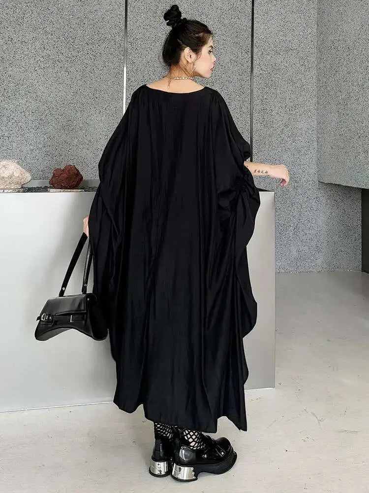 Women Black Pleated Irregular Big Size Long Dress New Round Neck Half Sleeve Fashion Tide Spring Summer 2025 1DH6284