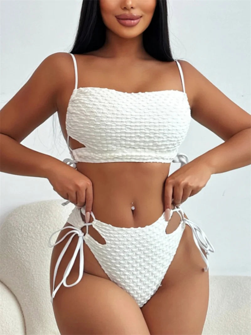 Strappy Bikini Set Lace Up Bandeau Women Swimwear 2024 Sexy Women Swimsuit High Waist Biquini Bandage Bathing Suit