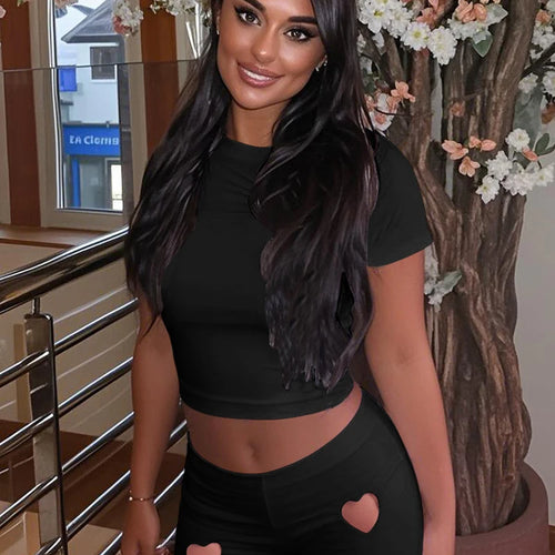 Load image into Gallery viewer, Summer Hipster Solid Women 2 Piece Set Classic Heart Hollow O-neck Slim Tees+Elastic Waist Shorts Female Daily Streetwear
