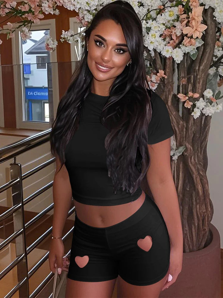 Summer Hipster Solid Women 2 Piece Set Classic Heart Hollow O-neck Slim Tees+Elastic Waist Shorts Female Daily Streetwear