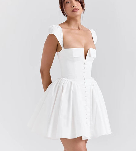 White Backless Sexy Mini Dress For Women Fashion Square Collar Short Sleeve High Waist A-line Club Party Sexy Dress