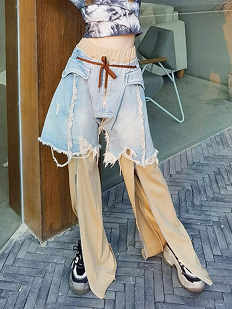 Streetwear Wide Leg Pants For Women High Waist Patchwork Denim Colorblock Loose Trousers Female Autumn Clothing