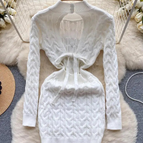 Load image into Gallery viewer, French Black White Hollow Out Backless Knitted Mini Dress Women Autumn Gray New Office Long Sleeves Twisted Sweater Short Dress
