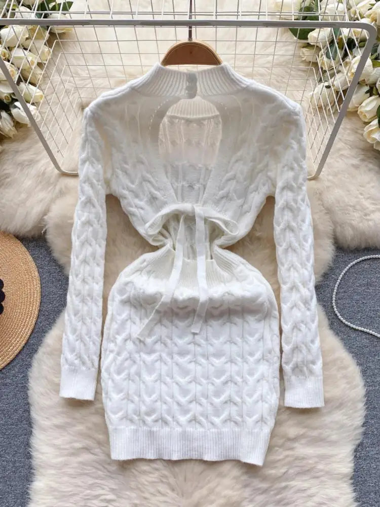French Black White Hollow Out Backless Knitted Mini Dress Women Autumn Gray New Office Long Sleeves Twisted Sweater Short Dress