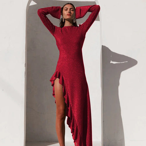 Load image into Gallery viewer, Glitter Thigh High Split Sexy Maxi Dress For Women Gown O Neck Long Sleeve Backless Ruffled Shiny Long Dress Gown
