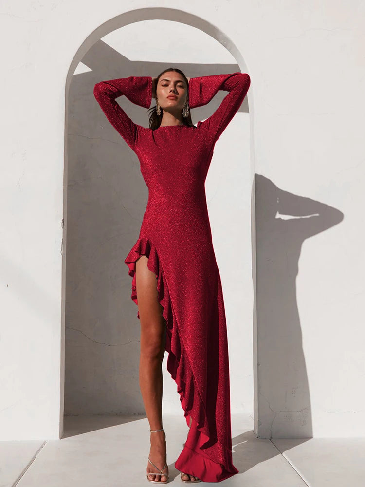Glitter Thigh High Split Sexy Maxi Dress For Women Gown O Neck Long Sleeve Backless Ruffled Shiny Long Dress Gown