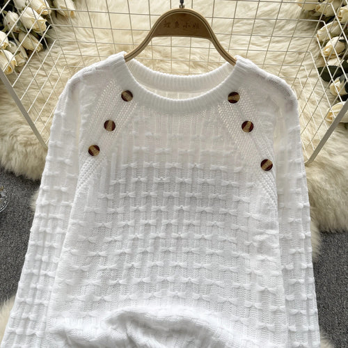 Load image into Gallery viewer, Autumn Winter White Long Sleeved Versatile Button Sweater Vintage Sweet Bow Pink O Neck Knitted Loose Pullover Tops Women Simple
