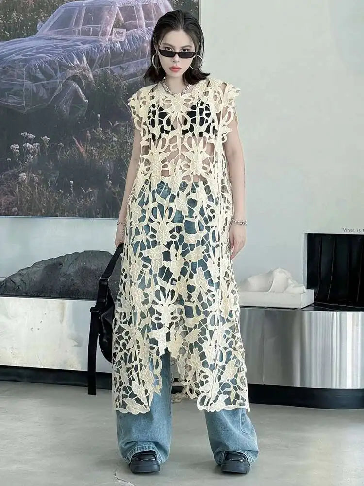 Women Black Lace Hollow Out Perspective Big Size Dress New Round Neck Sleeveless Fashion Tide Spring Summer 2025 1DJ0243