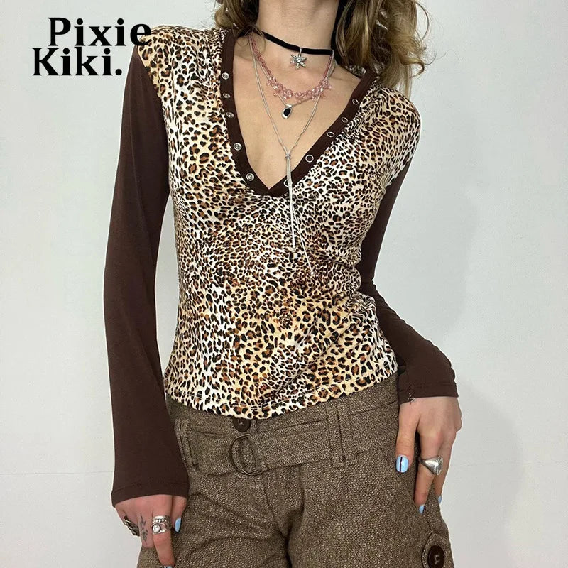 Leopard Print Y2k Tops Women 2024 Fall Fashion Hooded V Neck Long Sleeve Tees Brown T Shirts P77-BE13