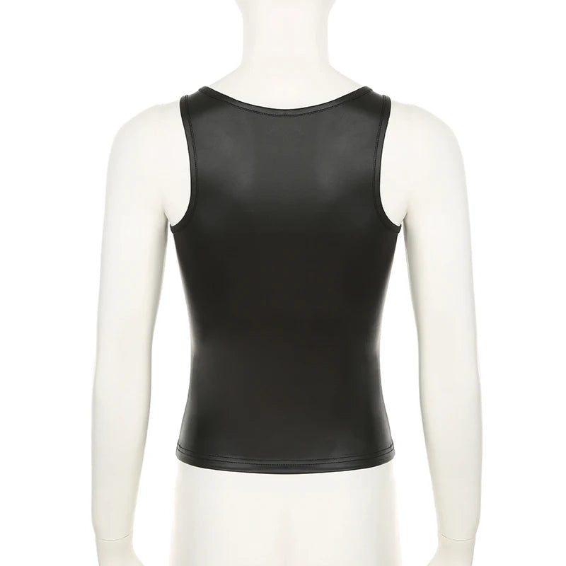 Streetwear Black PU Leather Vest Women Square Neck Slim-Fitting Summer Tank Top Solid Basic Mini Outfits Hottie Goth
