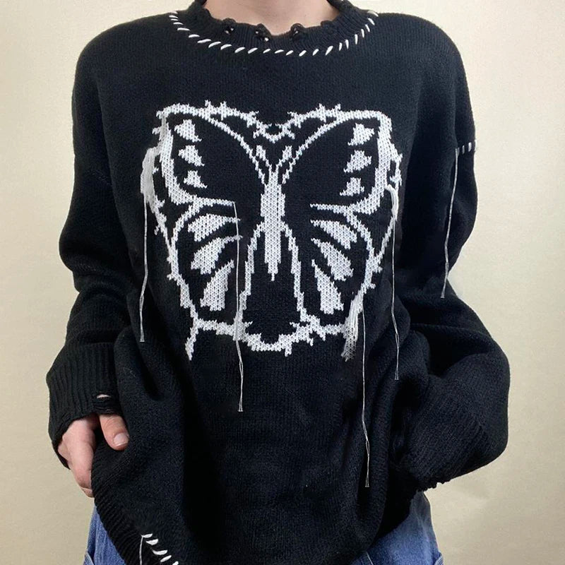 Butterfly Jacquard Loose Winter Sweater Women Grunge Hole Ripped Pullover Harajuku Academia Tassel Jumper