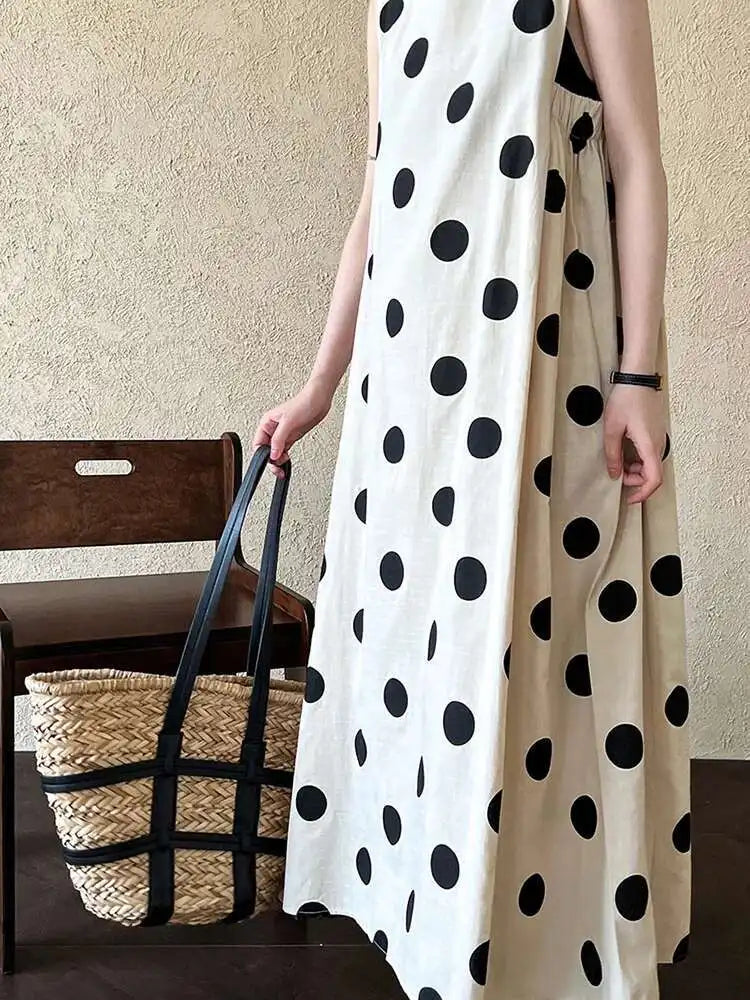 Women White Dot Printed Pleated Big Size Elegant Dress New Round Neck Sleeveless Fashion Tide Spring Summer 2025 1DJ0367