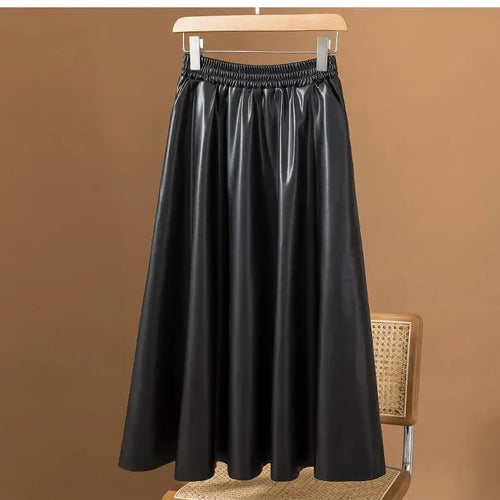 Load image into Gallery viewer, Women Brown Faux Leather Long Skirt 2023 Autumn Winter Black Vintage A Line Elastic High Waist Pu Skirts Female Oversized French
