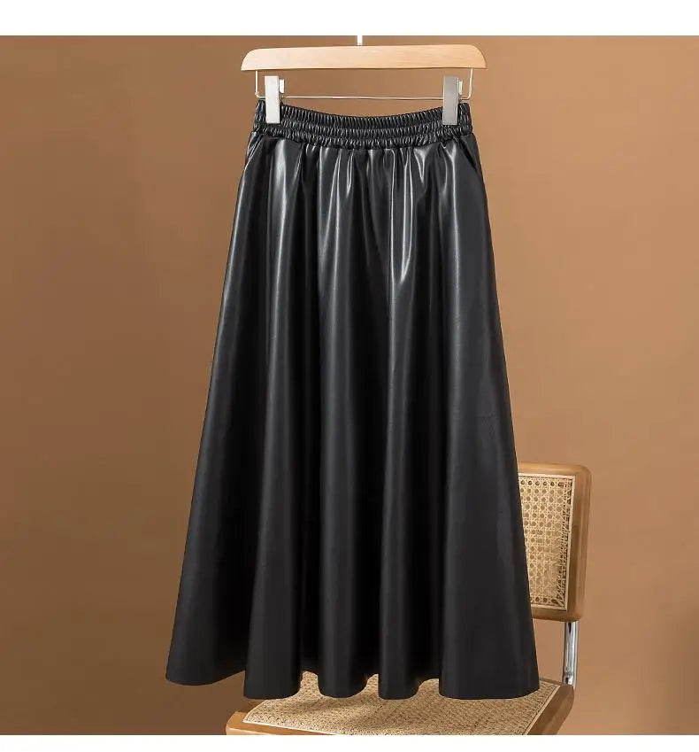 Women Brown Faux Leather Long Skirt 2023 Autumn Winter Black Vintage A Line Elastic High Waist Pu Skirts Female Oversized French