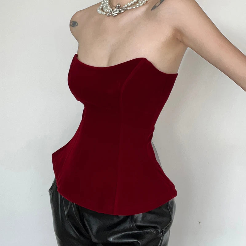 Fashion Christmas Red Strapless Corset Top Velour Lace Up Clubwear Party Tube Top Ladies Bandeau Off Shoulder Outfits