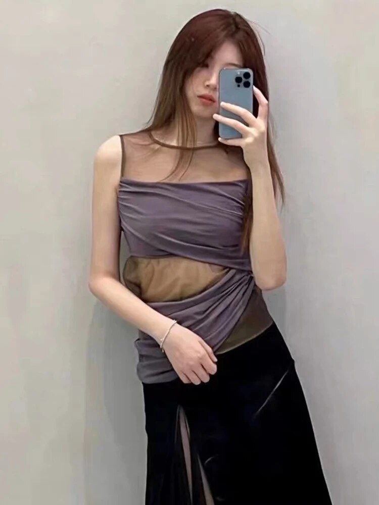 Hit Color Tank Tops For Women Round Neck Sleeveless Asymmetrical Summer Vest Female Fashion Style Clothing