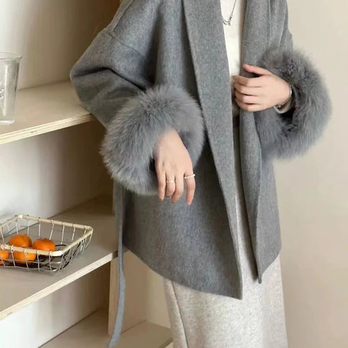 Load image into Gallery viewer, Solid Luxury Style Coats For Women Lapel Long Sleeve Patchwork Sashes Feathers Fashion Loose Jacket Female Winter
