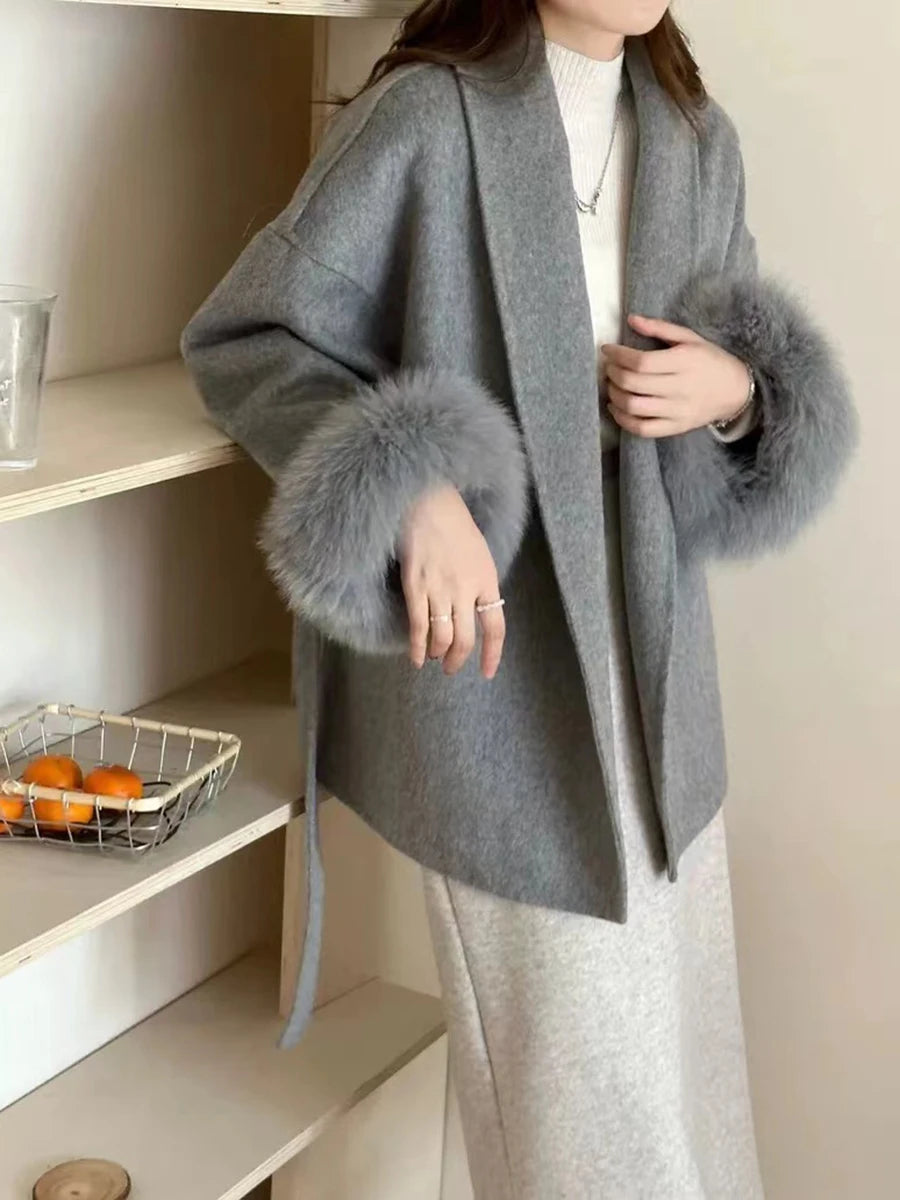 Solid Luxury Style Coats For Women Lapel Long Sleeve Patchwork Sashes Feathers Fashion Loose Jacket Female Winter