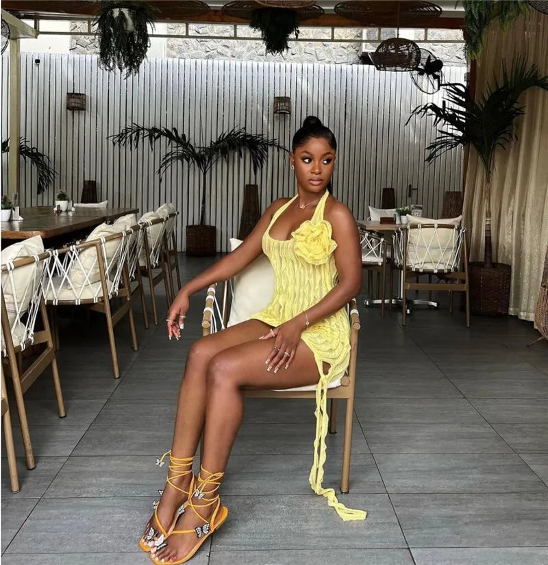 Halter Floral Pleated Sexy Mini Dress For Women Robe Fashion Sleeveless Backless Draped Club Party Dress Elegant