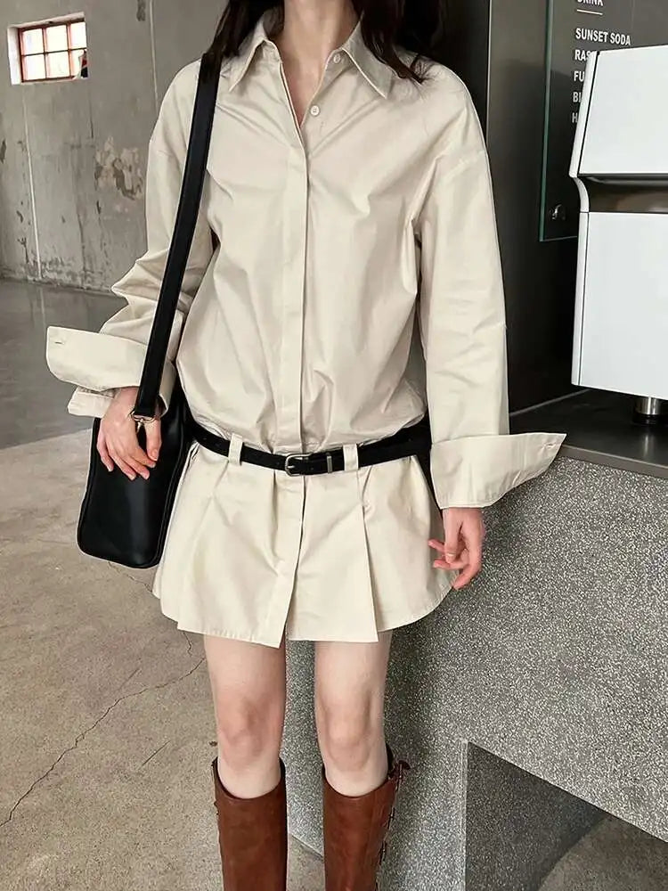Women White Hem Pleated Elegant Big Size Mini Shirt Dress New Lapel Long Sleeve Fashion Tide Spring Autumn 2025 1DH9552