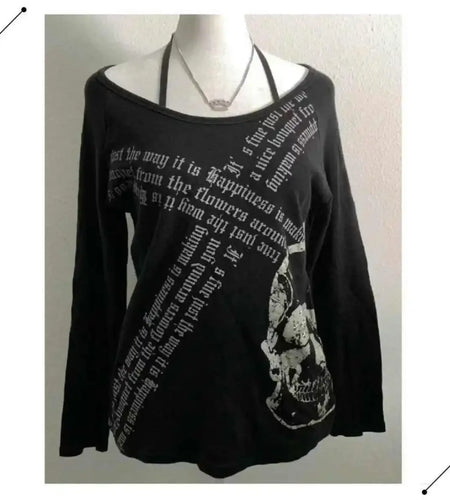 Harajuku T Shirts for Women Skull Print Slash Neck Y2k Tops Fashion Japanese Tees Streetwear Punk Camisetas Letter Black Tshirts