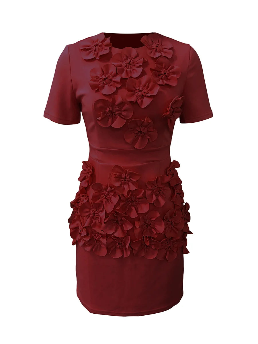 Solid Spliced Appliques Slimming Dresses For Women O Neck Short Sleeve High Waist Temperament Dress Female Fashion