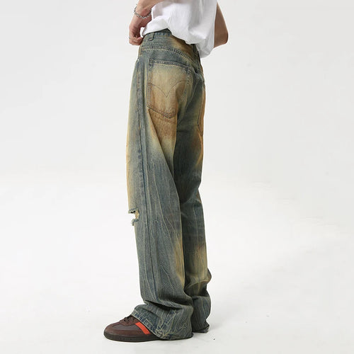 Load image into Gallery viewer, Fashion Loose Men&#39;s Straight Pants American Style Casual Hole Worn Design Make Old Wide Leg Jeans Summer 9C6091
