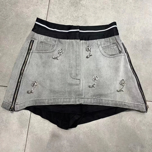 Load image into Gallery viewer, Casual Denim Skirt For Women High Waist Patchwork Zipper Floral Solid Mini Skirts Female Summer Clothing Style
