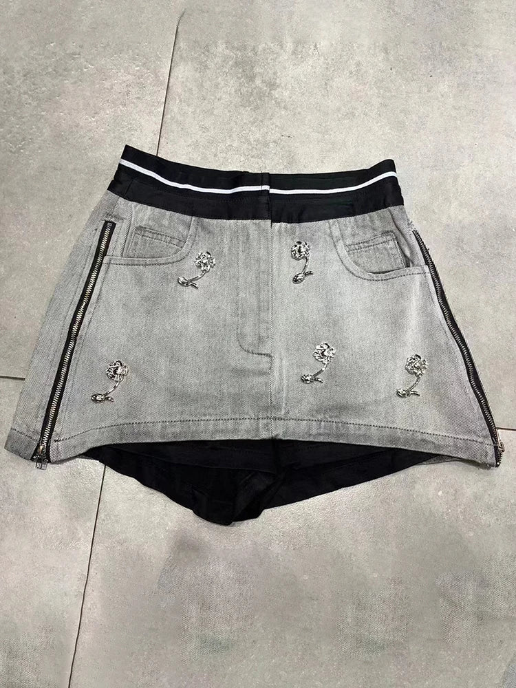 Casual Denim Skirt For Women High Waist Patchwork Zipper Floral Solid Mini Skirts Female Summer Clothing Style