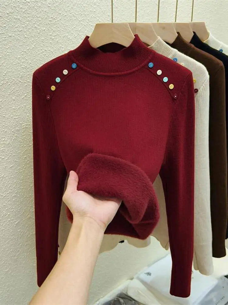 Autumn Winter Women Solid Colorful Button Velvet Sweater Korean Fashion Warm Knitwear Long Sleeve Festival Pullovers Tops Thick