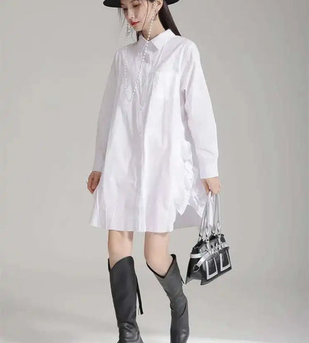 Women White Black Side Flower Big Size Long Blouse New Lapel Long Sleeve Shirt Fashion Tide Spring Autumn 2025 1DH4780