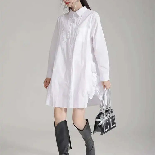 Load image into Gallery viewer, Women White Black Side Flower Big Size Long Blouse New Lapel Long Sleeve Shirt Fashion Tide Spring Autumn 2025 1DH4780
