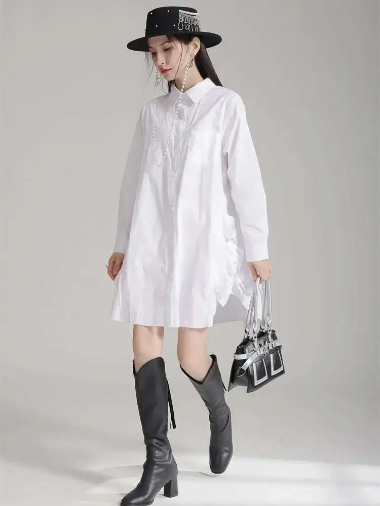 Women White Black Side Flower Big Size Long Blouse New Lapel Long Sleeve Shirt Fashion Tide Spring Autumn 2025 1DH4780