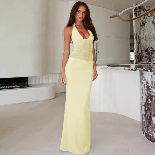 Load image into Gallery viewer, Mesh See Through Halter Sexy Maxi Dress Women Gown Fashion Deep V Neck Sleeveless Backless Bodycon Long Dress Elegant
