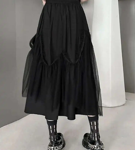 High Elastic Waist Black Mesh String Irregular A-line Half-body Skirt Women Fashion Tide New Spring Autumn 2025 1DH9575