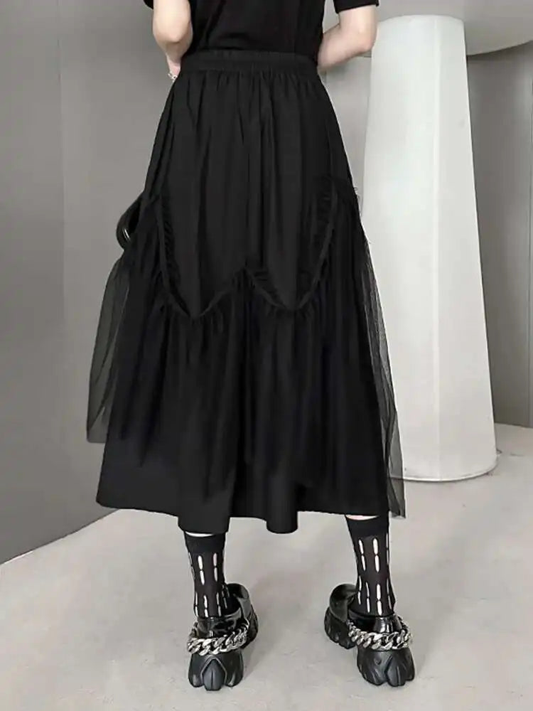 High Elastic Waist Black Mesh String Irregular A-line Half-body Skirt Women Fashion Tide New Spring Autumn 2025 1DH9575