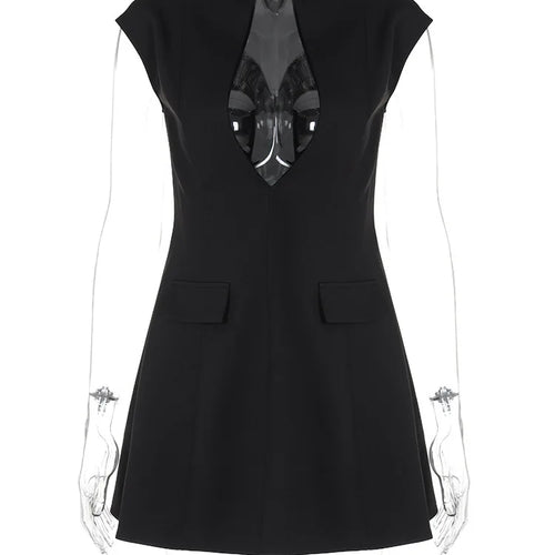 Load image into Gallery viewer, Black Sleeveless Sexy Mini Dress For Women Fashion Zipper Deep V Neck Two Pocket A-line Night Club Party Dress Elegant
