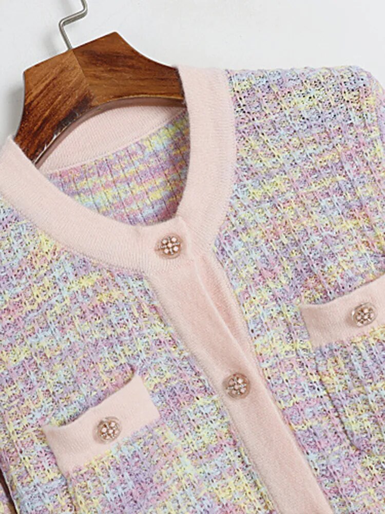 Colorblock Casual Patchwork Single Breasted Knitting Sweaters For Women Round Neck Long Sleeve Sweater Female