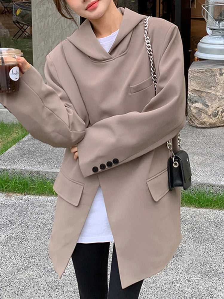 Women Slit Irregular Big Size Blazer New Hooded Long Sleeve Loose Fit Jacket Fashion Tide Spring Autumn 2025  1DH0482
